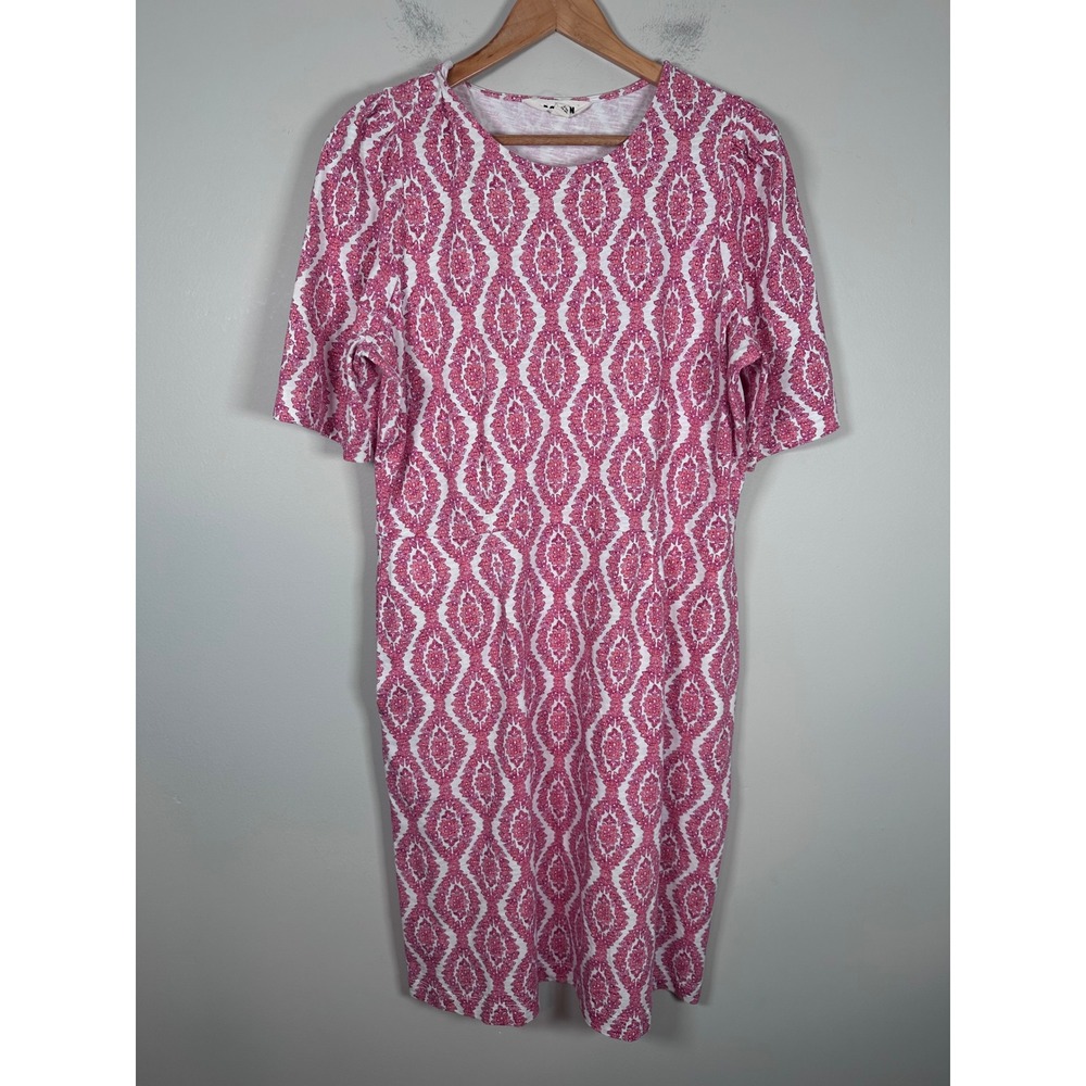 Boden Zoe Jersey Midi Dress Womens 14L Pink White Geometric Damask Preppy